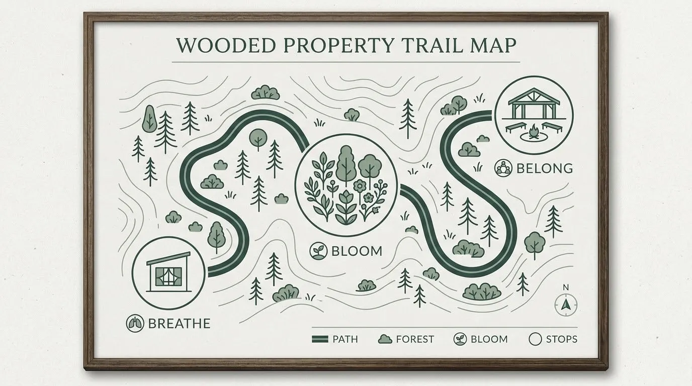 Illustrated map of the Willoway property showing the trail looping between three marked stops: Breathe at the indoor room, Bloom at the garden, and Belong at the covered group space.